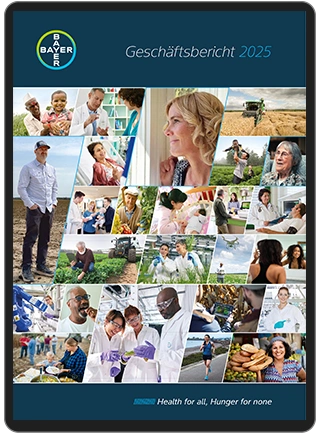 Sammlung von Bildern mit lächelnden Menschen aller Altersgruppen, die die verschiedenen Divisionen von Bayer darstellen.